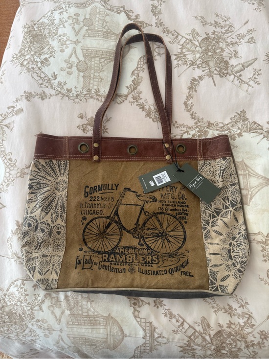 Myra Bag Handbags - Myra Bag Brown Canvas & Leather Bicycle Print Tote